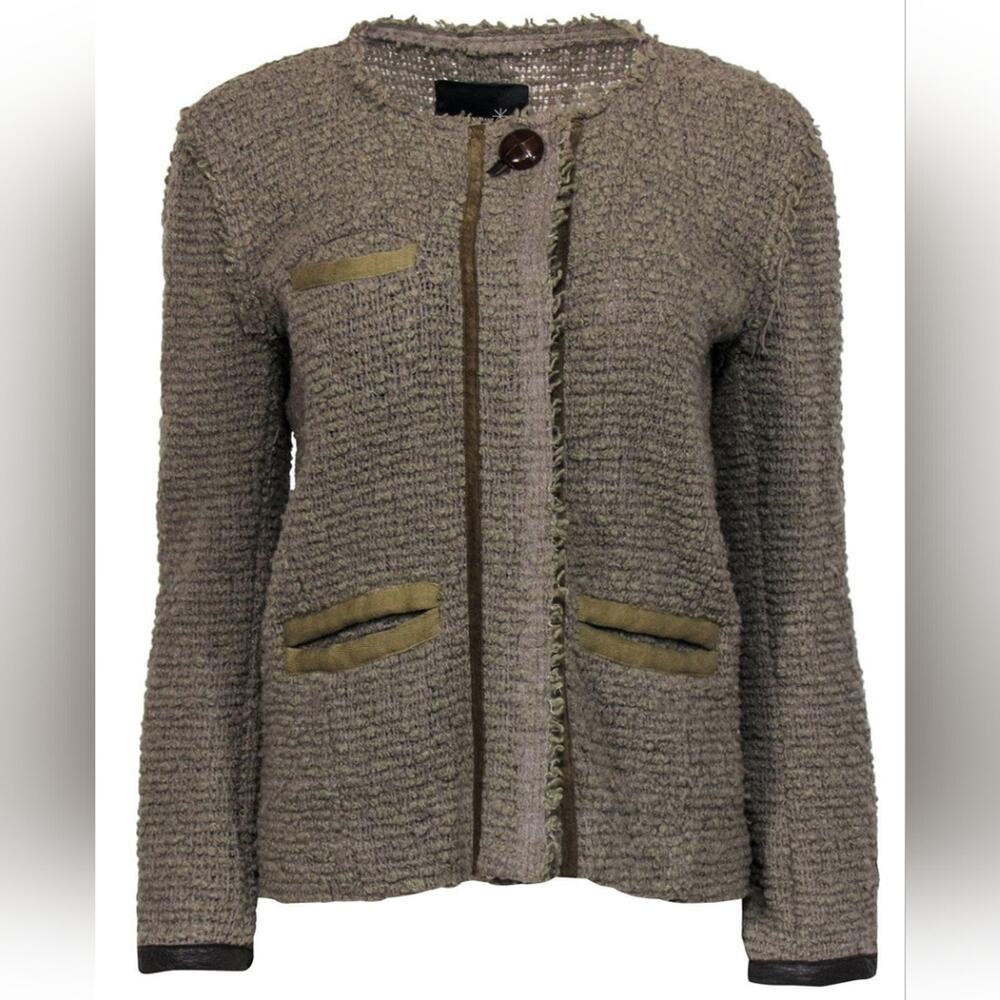 Isabel Marant Taupe Boucle Tweed Woven Snap Button Leather Trim Coat Jacket 0